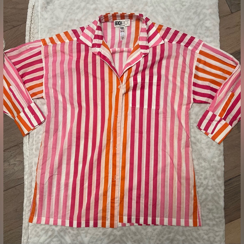 Beach Riot Pink and Orange Striped Oversized Cotton Cover up Shirt 100% Cotton - Picture 2 of 7